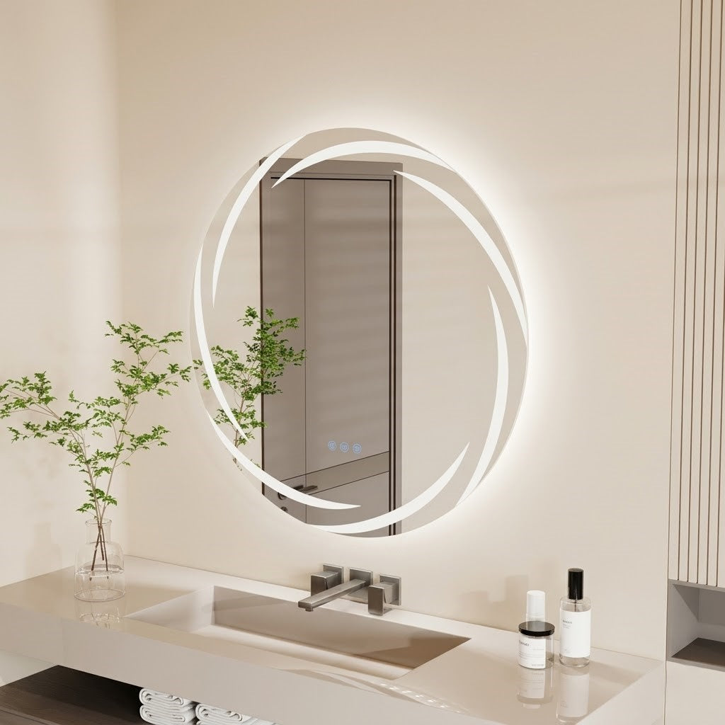 Miroir salle de bain LED rond anti-buée tactile rétroéclairé design moderne