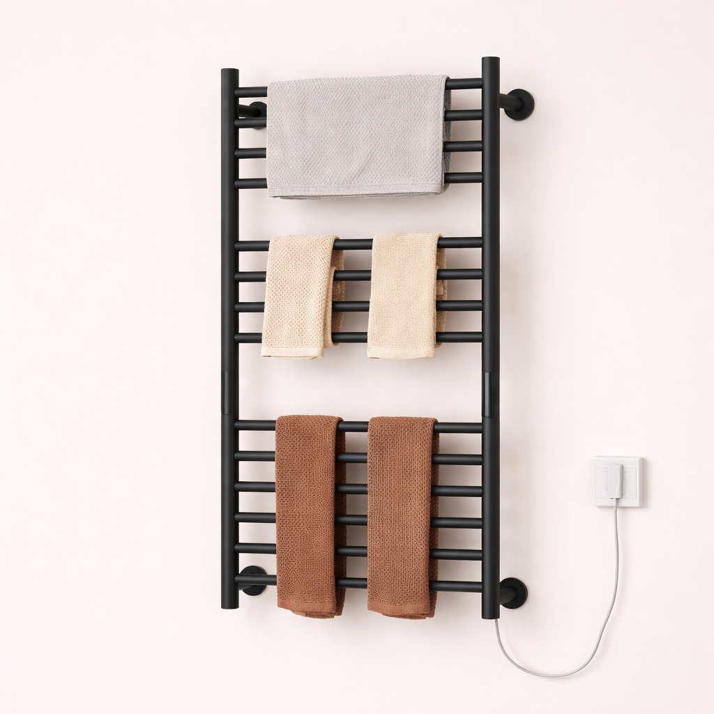 Porte-serviette Électrique Noir en Acier Inox - Thermostat Intelligent & Minuterie