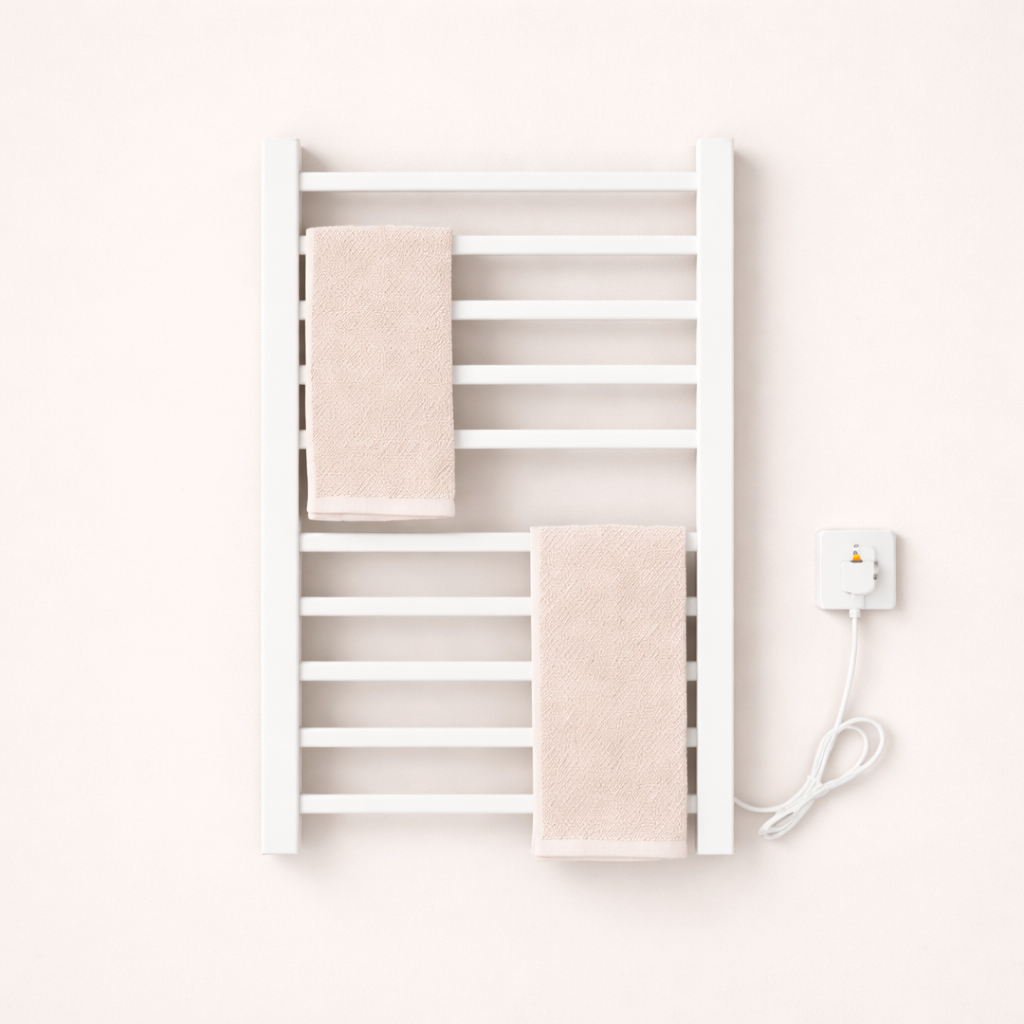 Porte-serviettes Électrique Noir Design - Thermostat Intelligent & Étagère Pliable