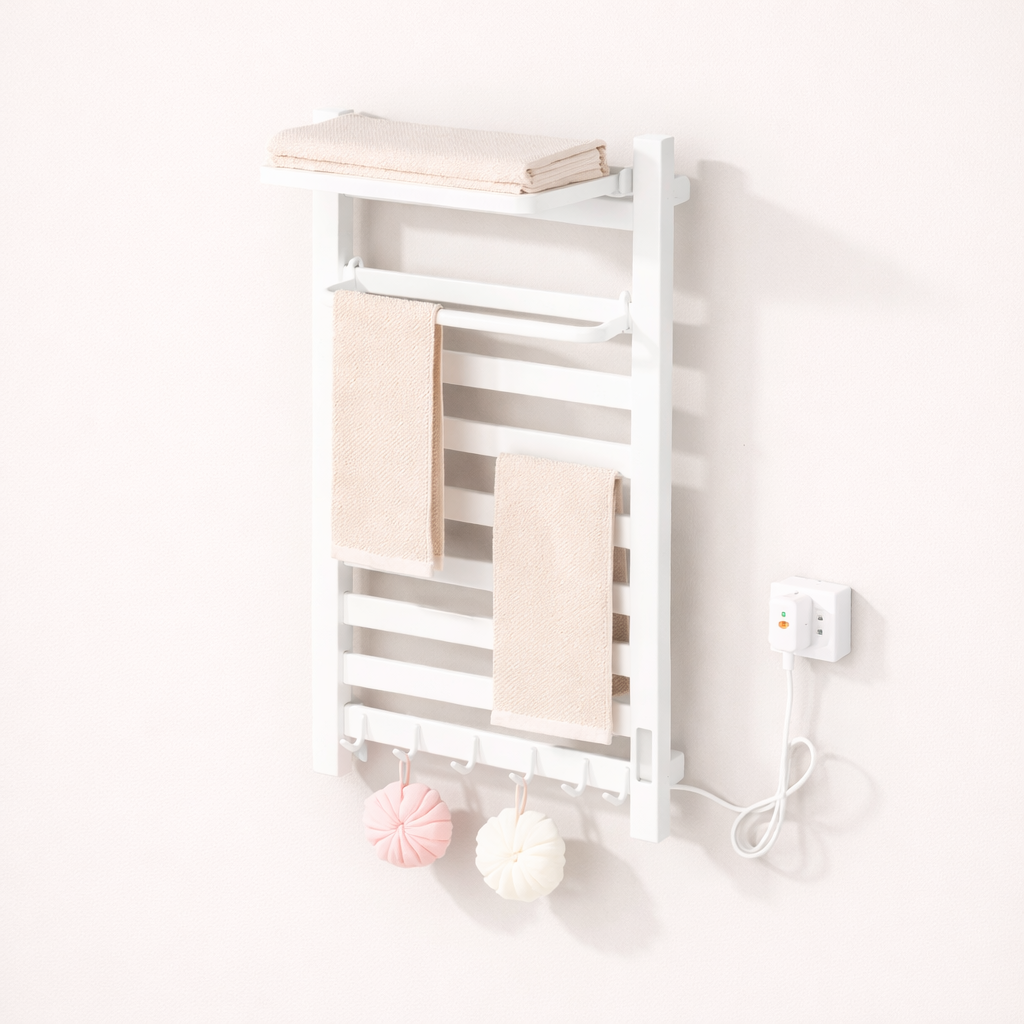 Porte-serviettes Électrique Noir Design - Thermostat Intelligent & Étagère Pliable