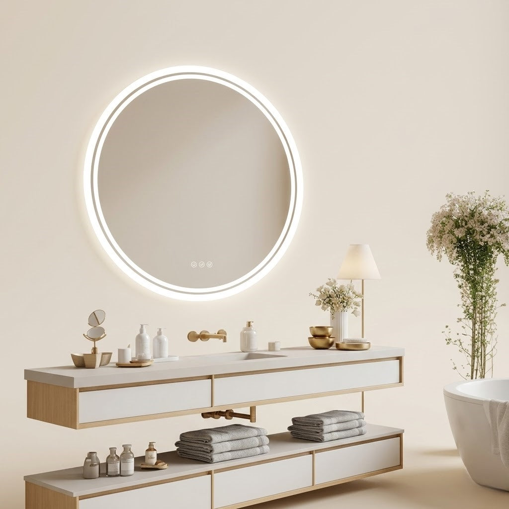 Miroir salle de bain LED rond anti-buée tactile éclairage réglable