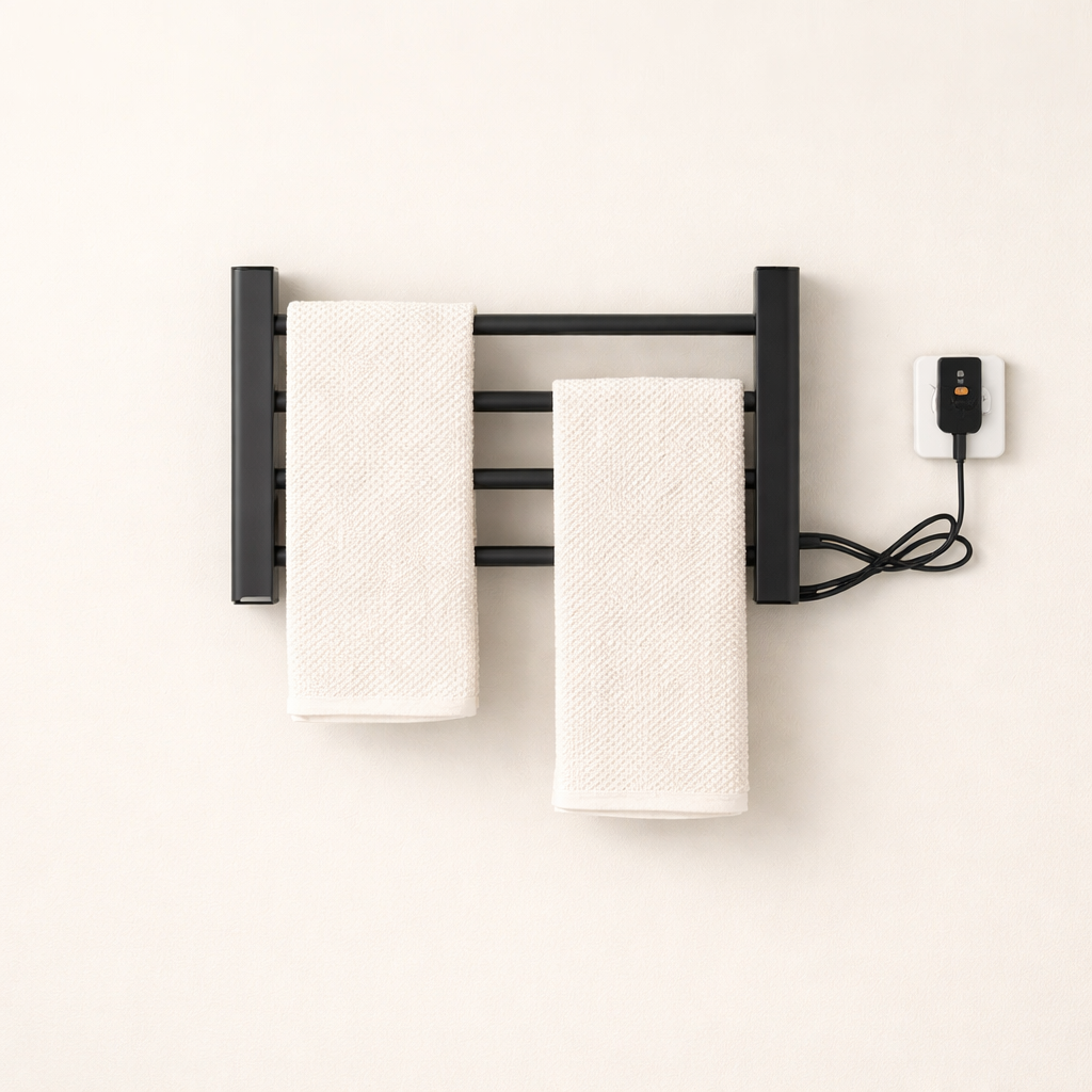 Porte-serviettes Électrique Noir Design - Thermostat Intelligent & Étagère Pliable