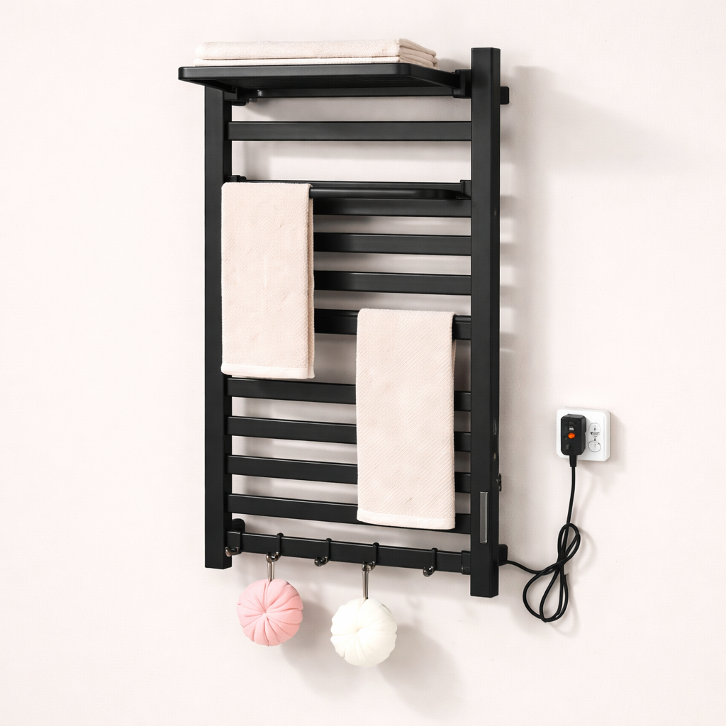 Porte-serviettes Électrique Noir Design - Thermostat Intelligent & Étagère Pliable
