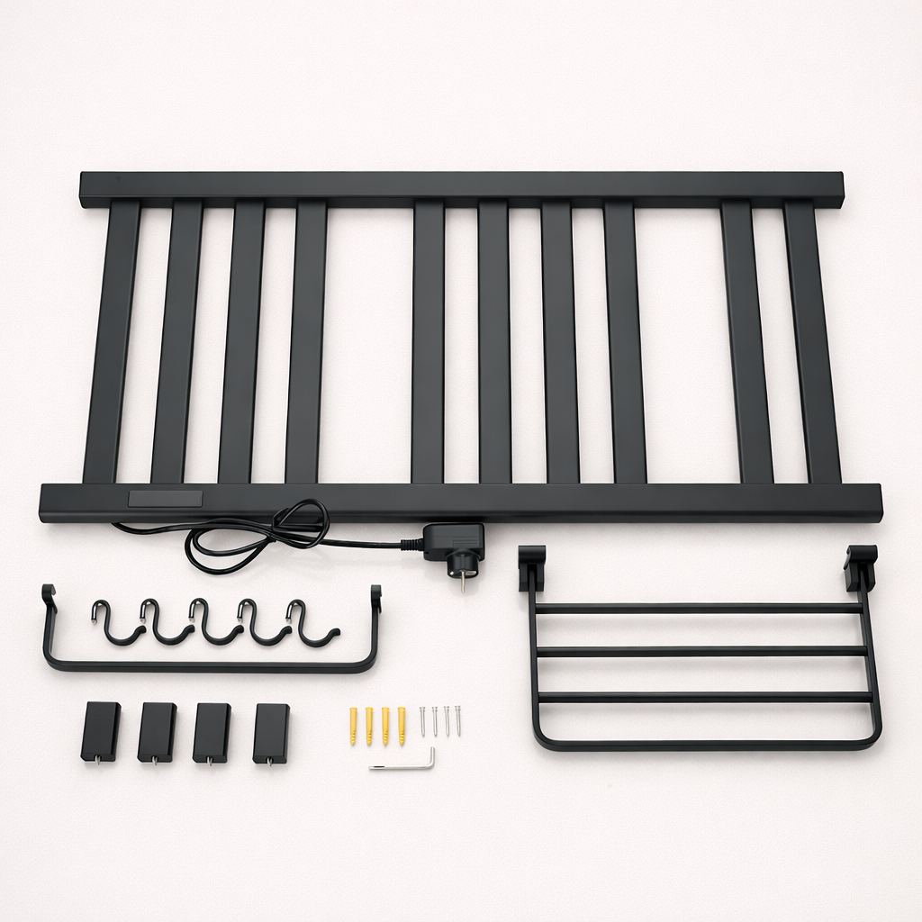 Porte-serviettes Électrique Noir Design - Thermostat Intelligent & Étagère Pliable