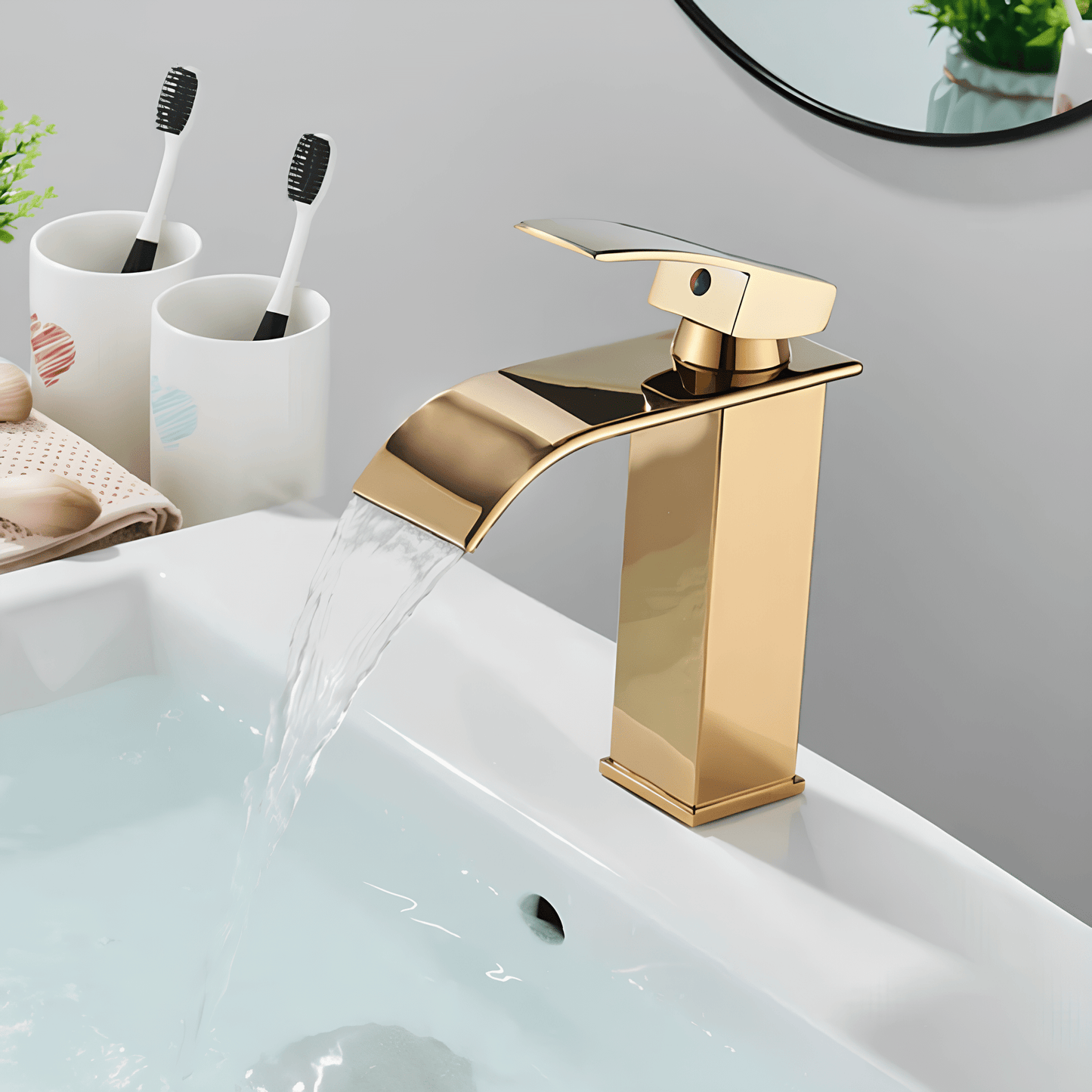 Robinet cascade doré salle de bain | Finition polie