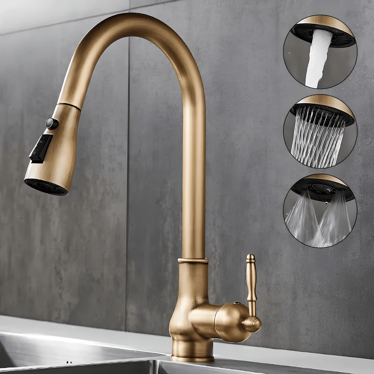 Robinet cuisine bronze antique – bec rétractable et eau chaude froide