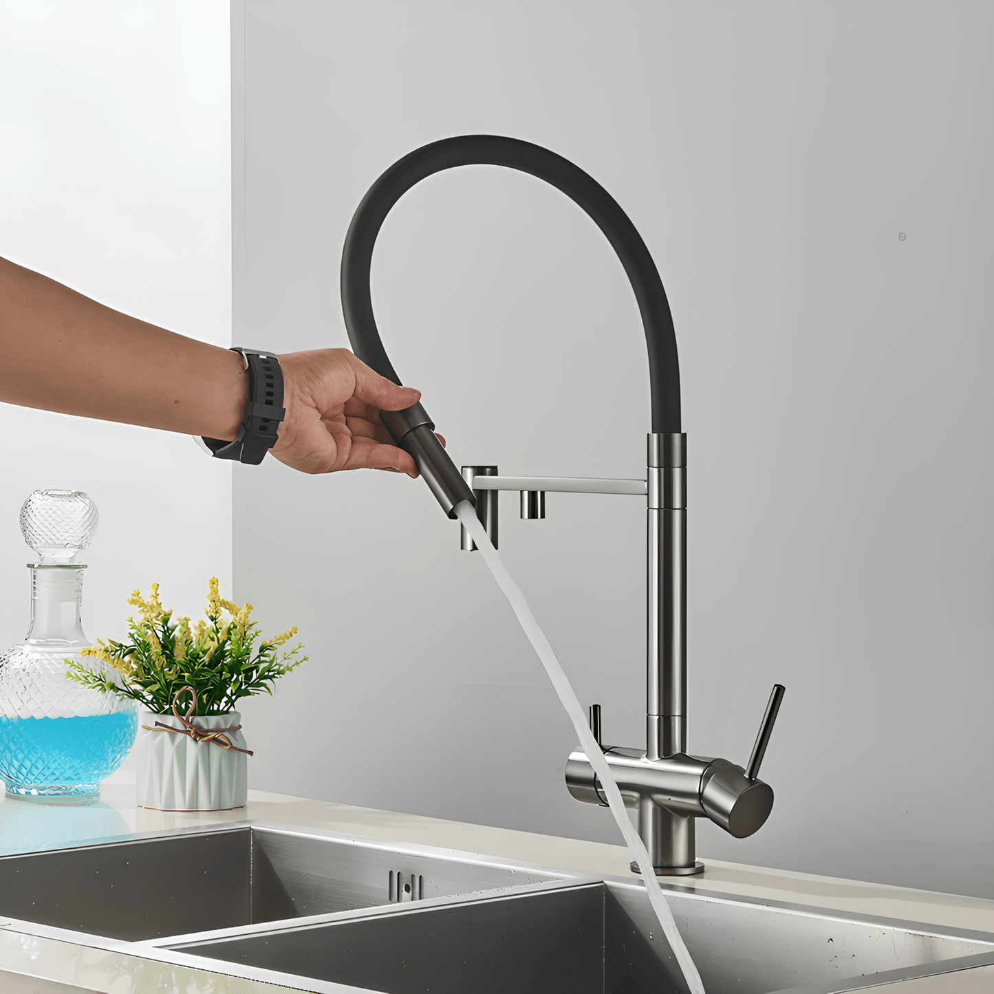 Robinet cuisine douchette  – eau filtrée + eau chaude/froide