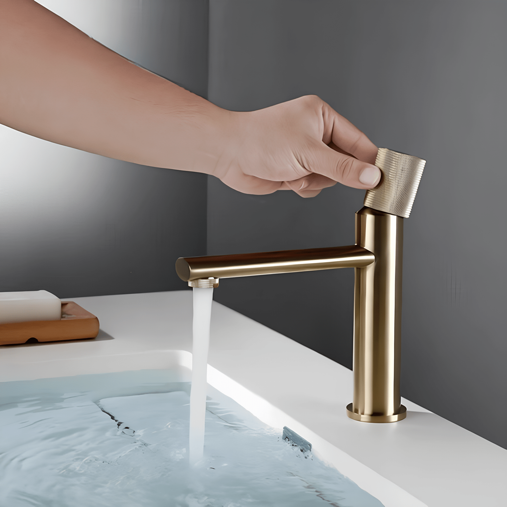 Robinet de lavabo moleté en laiton brossé – Mitigeur design or