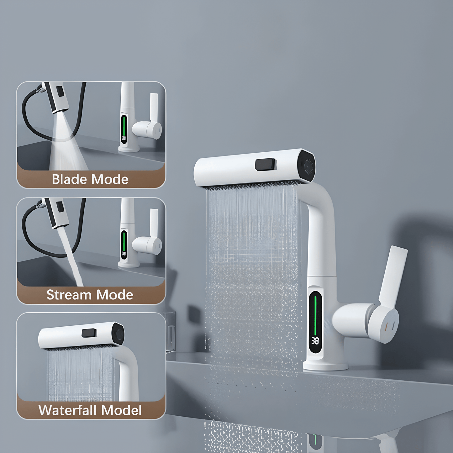 Robinet mitigeur salle de bain avec affichage – Cascade rotative en inox