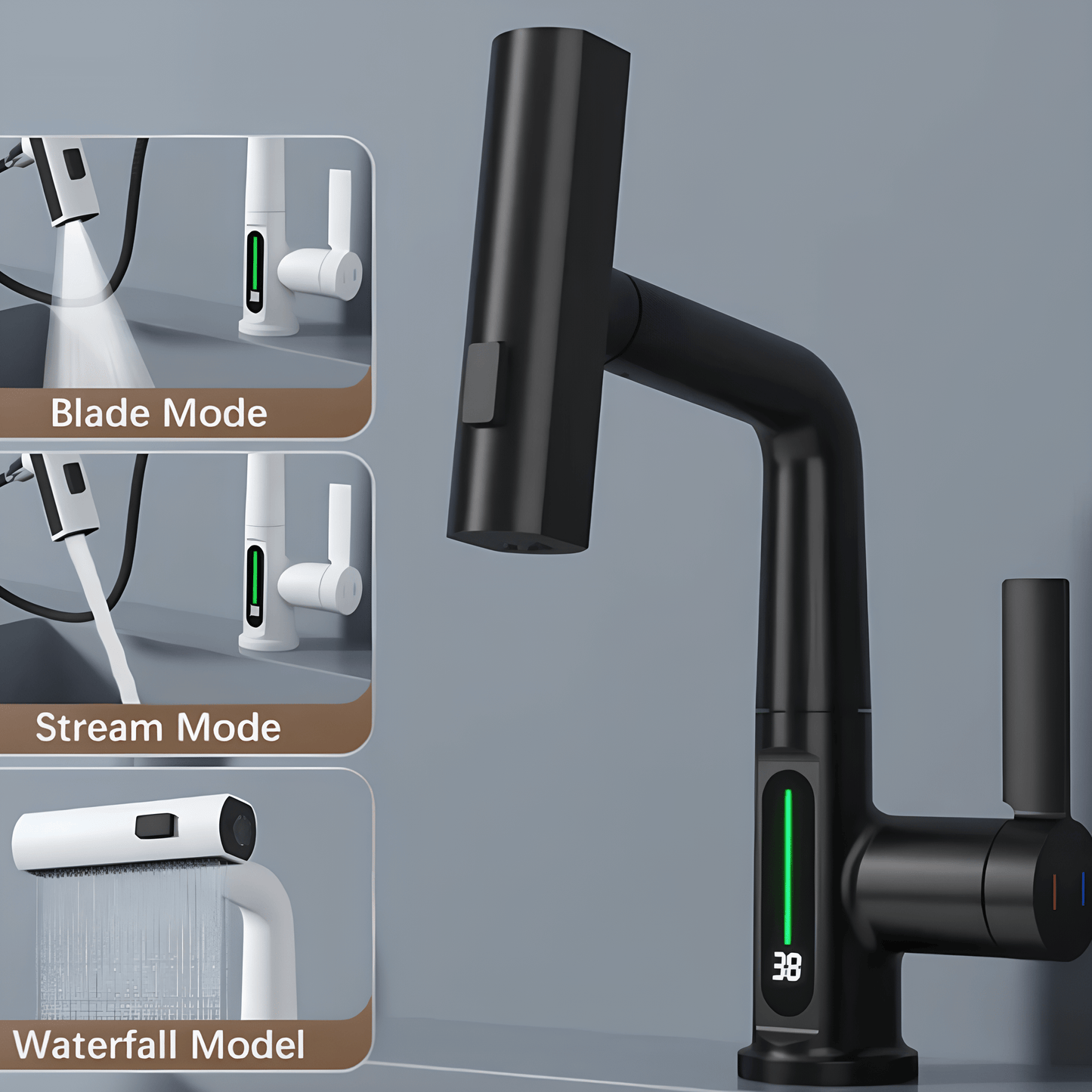 Robinet mitigeur salle de bain avec affichage – Cascade rotative en inox
